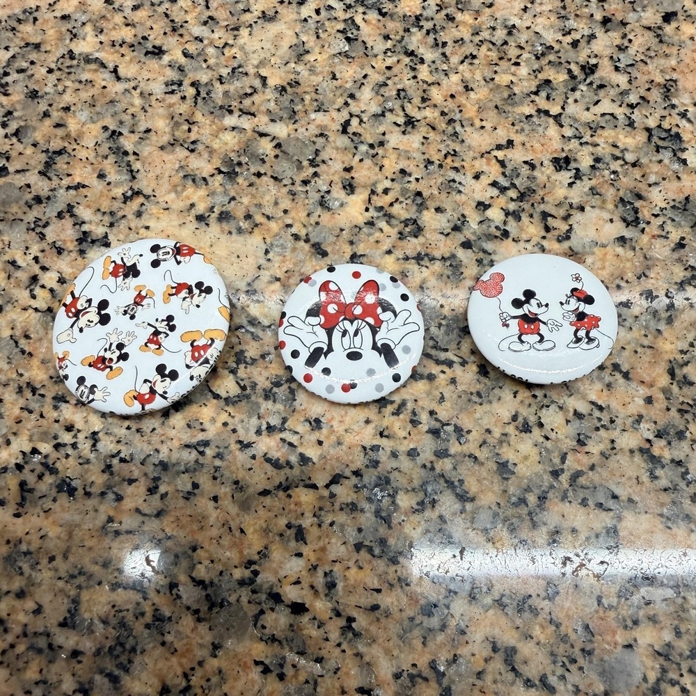 Disney Mickey Minnie Mouse Button Pins Set Of 3 White Red Black Polka Dot Round